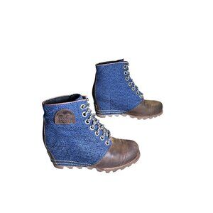 Sorel Joan Of Arctic Wedge Lexie Boots Lace Up Denim Blue Brown Women's Size 8